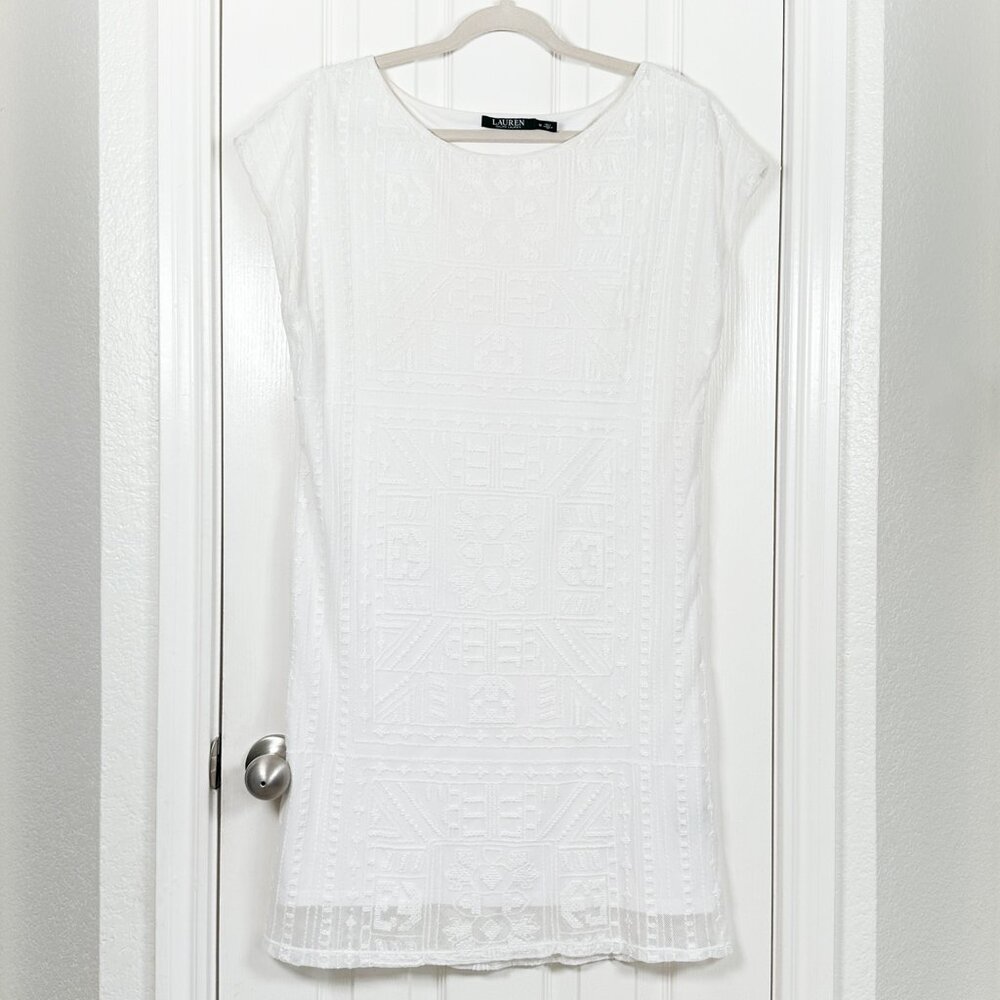 Lauren Ralph Lauren White Shift Dress Women’s Medium Lace Cap Sleeve Midi